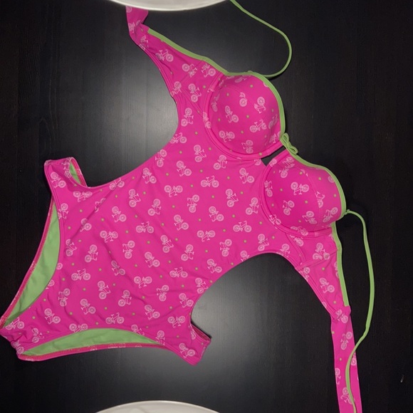 Large. Abercrombie & Fitch Underwire Monokini Pink w/ Green Polka Dots - Picture 2 of 6